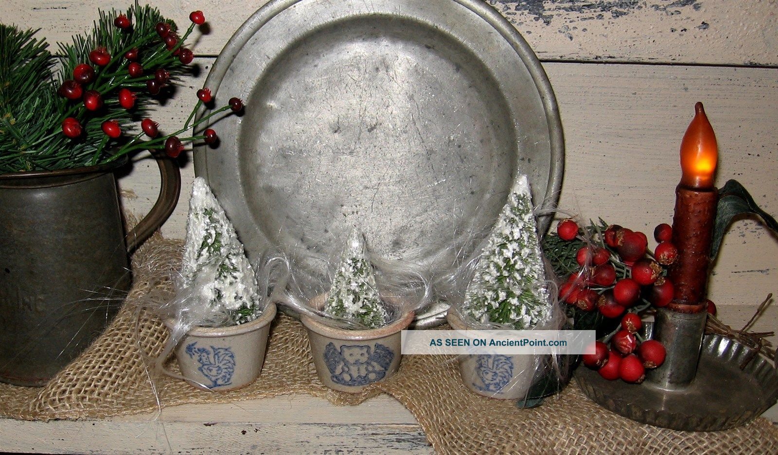 3 Primitive Christmas Farmhouse Miniature Stoneware Crocks/bottle Brush Trees Primitives photo