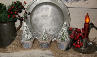 3 Primitive Christmas Farmhouse Miniature Stoneware Crocks/bottle Brush Trees photo