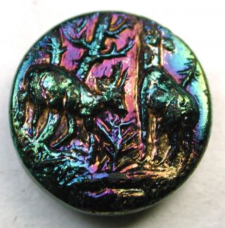Antique Black Glass Button 2 Deer Nibbling In Forest W/ Carnival Luster photo