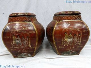 China Old Handwork Wood Lacquer Box Figure Painting Workbox Vases Pair Statue photo