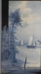 Antique Henry A.  Duessel Blue Monochromatic Harbor Sailboat Painting Other Maritime Antiques photo 2