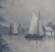 Antique Henry A.  Duessel Blue Monochromatic Harbor Sailboat Painting Other Maritime Antiques photo 5
