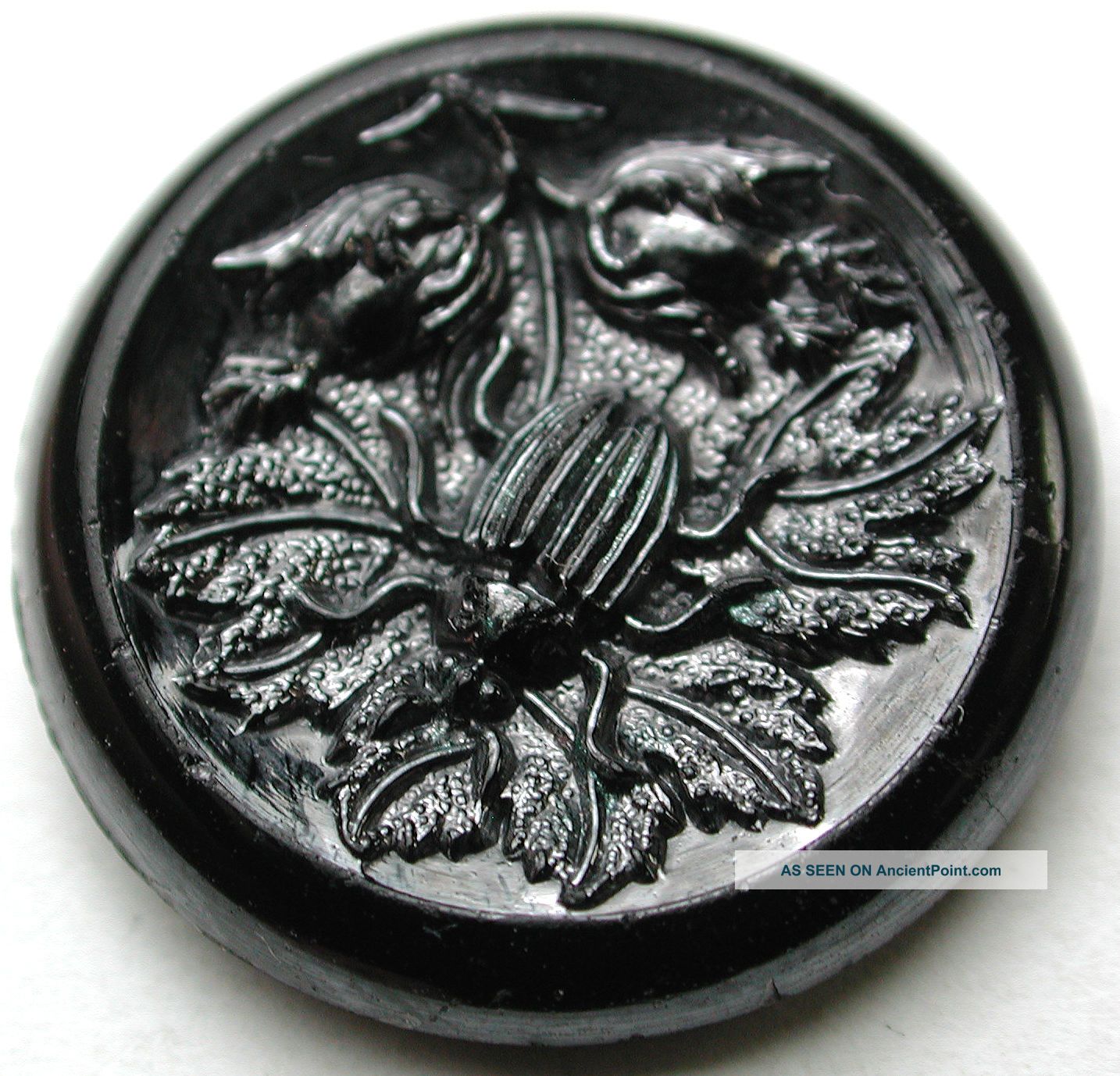 Antique Black Glass Button Beetle On A Leaf W/ Flowers - Silver Luster Buttons photo