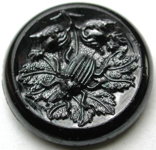 Antique Black Glass Button Beetle On A Leaf W/ Flowers - Silver Luster photo