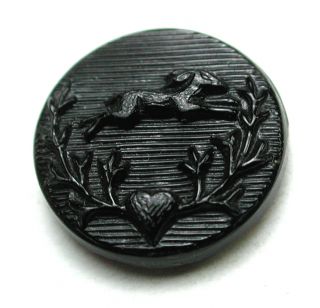 Antique Black Glass Button Rabbit Leaping Over Heart Floral Design photo