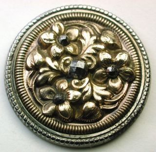 Antique Brass Button Brass Flowers Design In Steel Back W/ Cut Steel Accents photo