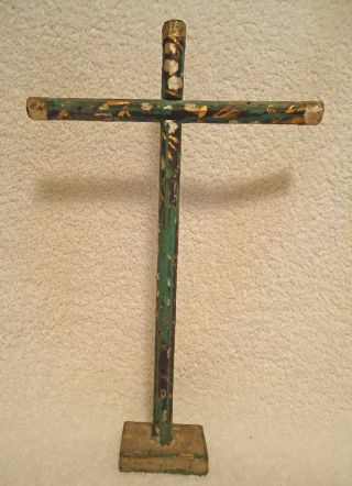 Antique Spanish Colonial South American Painted Wood Standing Cross photo