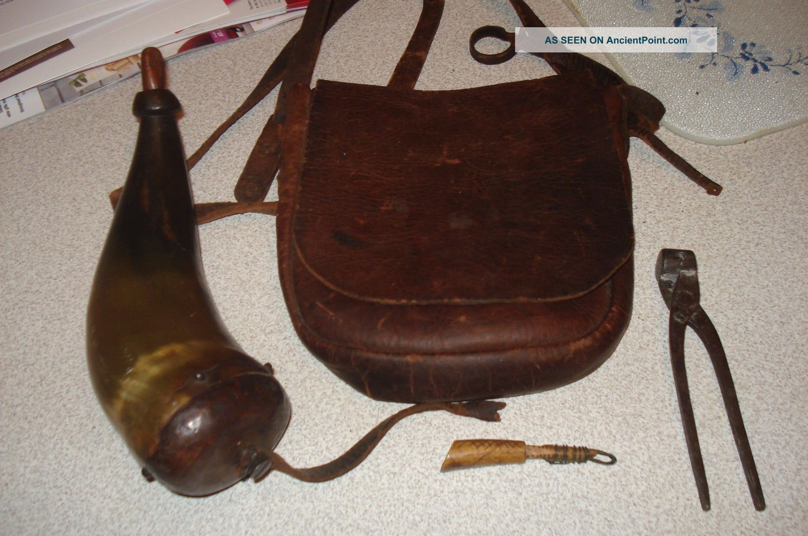 Powder Horn,  Pouch,  Bullet Mold And Carved Deer Horn Powder Measure Primitives photo