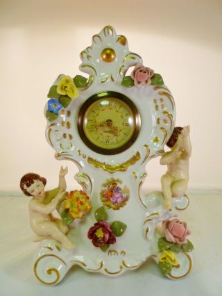 20th Century Dresden Sandizell Rococo Porcelain Mantel Clock Molded W/ 2 Cherubs photo