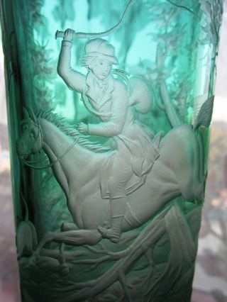 Czech/bohemian Green Cut To Clear Glass Vase,  Hand Engraving Hunting Scene photo