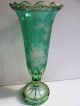 Czech/bohemian Green Cut To Clear Glass Vase,  Hand Engraving Hunting Scene Vases photo 4