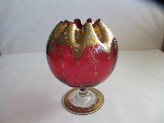 Vintage Bohemian Moser Red Rose Bowl Goblet Hand Painted Gold,  Enamel photo