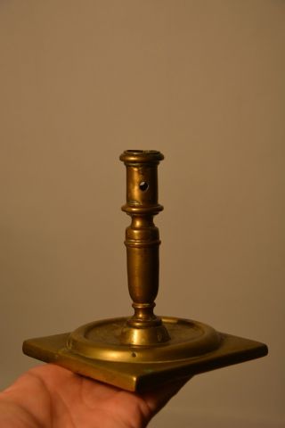 Antique Spanish Rare 17th Century Square Base Brass Candlestick photo