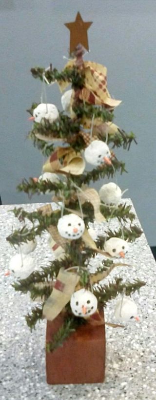 Prim Country Christmas Folkart Wood Prim Feather Style Tree W/ Snowman Ornaments photo