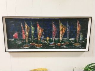 Vintage Mid Century Modern Abstract Oil On Canvas Painting Wall Art Nautical photo