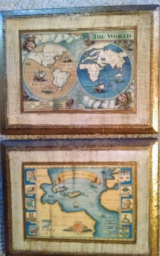 Vtg Italian Florentine Toleware Gold Wood Wall Plaque Old World Maps photo