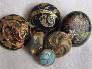 Antique Vintage French Assortment Of Cloisonne Champleve Enamel 6 Sewing Buttons photo