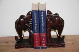 Hand Carved Wooden Elephant Bookends - Vintage Mid Century African Tribal Folk photo
