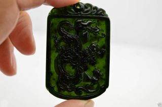 12 Chinese Natural Nephrite Black Jade Carving Pendant Dragon 龙 photo