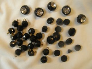 36 Vintage Buttons - 31 Are Black Glass & 5 Black Plastic W/ Rhinestone Centers photo