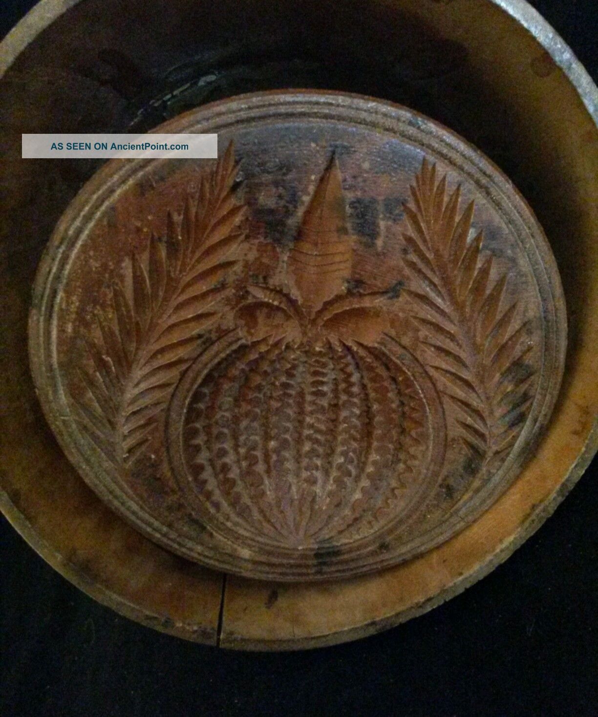 19th Cent.  Americana Treen Ware Folk Art Primitive Pineapple Wood Butter Mold Primitives photo