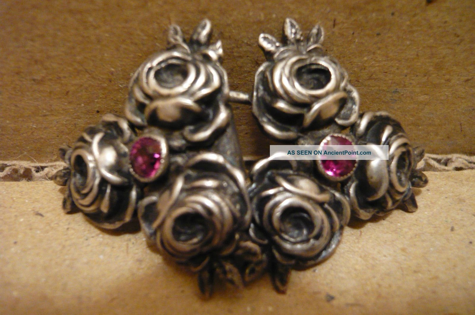 Antique Victorian Sterling Belt Buckle - Signed (imposed S V) - Roses - Glass Victorian photo