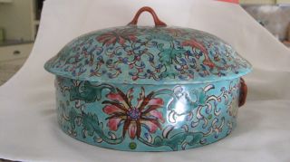 Antique Chinese Porcelain Lidded Bowl,  Casserole Dish,  Turquoise Marked Stamped photo