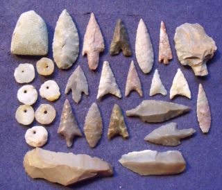 24 Mixed Sahara Neolithic Relics,  Plus 1 Paleolithic Aterian Stemmed Tool photo