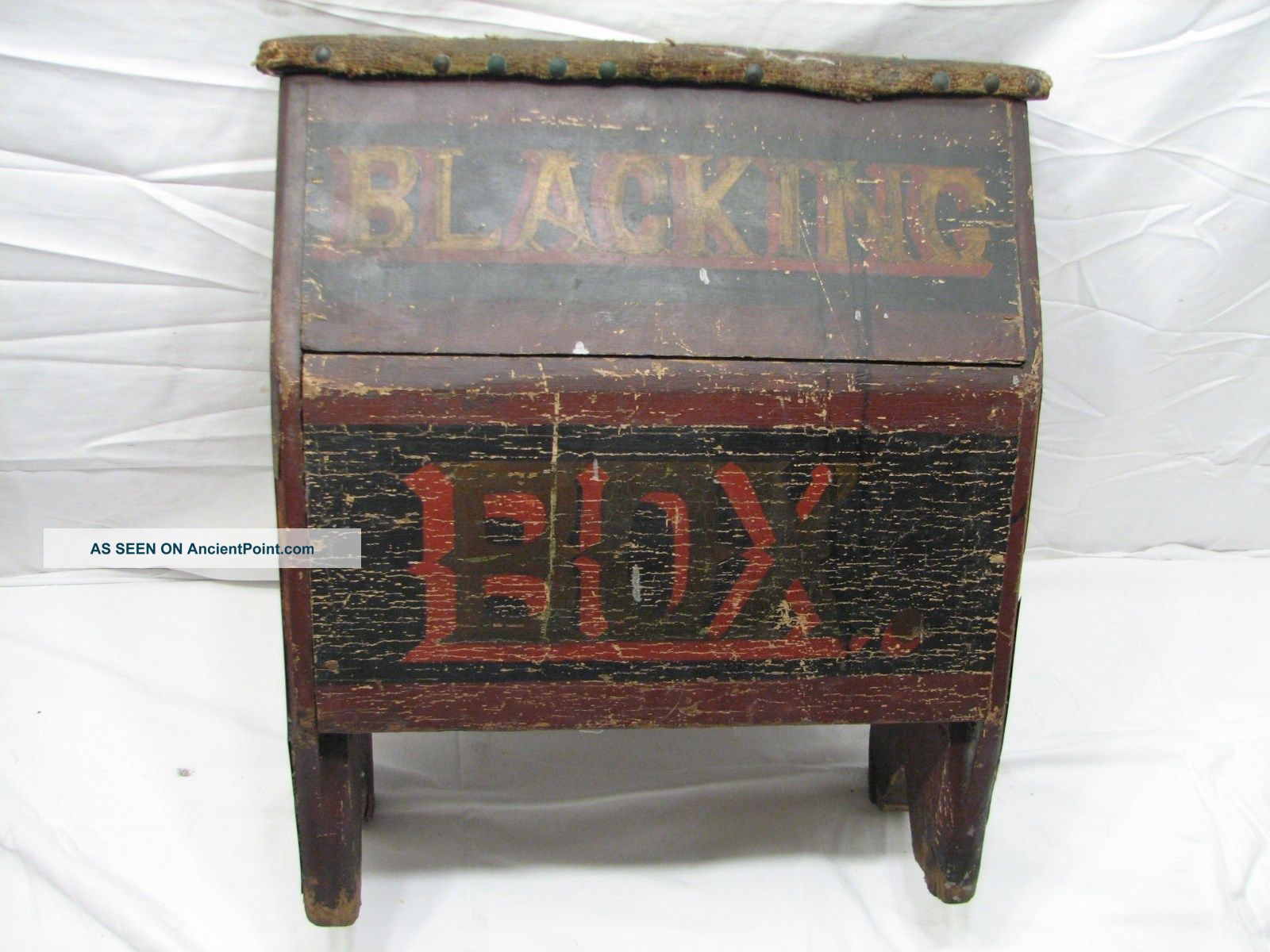 Antique Folk Art Blacking Box Shoe Shine Kit Stand Bench Folk Art Tole Painted Unknown photo