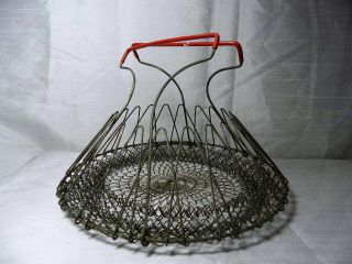 Vintage Primitive Wire Egg Basket Red Handles Collapsible Basket Decor Strainer photo