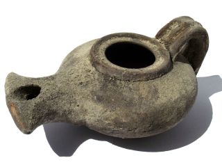 Biblical Jerusalem Oil Lamp Holy Land Ancient Antique Roman Black Clay Pottery photo
