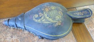 Antique Wood Painted Cornucopia Turtle Back Curved Handle Leather Bellows 1900 ' S photo