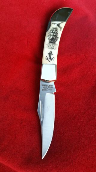 Nautical Scrimshaw Art,  Tall Ship,  Ship ' S Anchor,  Folding Pocket Knife photo