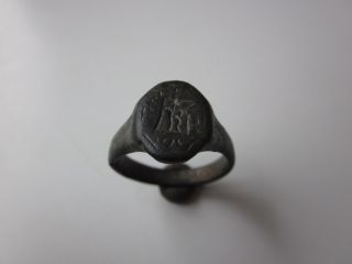 Extremely Rare Ancient Roman Bronze Seal Ring - With Image Of Roman Soldier photo