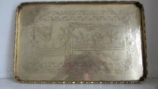 Antique Chinese Brass Chased Engraved Tray photo