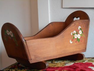Antique Primitive Vintage Baby Doll Wood Cradle Crib Bed Hand Carved & Painted photo