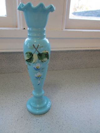 Antique Bristol Ruffle Top Blue Bud Vase Hand Painted Floral Mouth Blown Dainty photo
