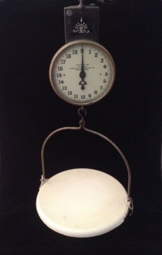 Vintage Hanging Butcher Scale Brass And Ironpatented 1913 photo