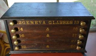Antique 19th Century,  5 Drawer Watch Maker Cabinet,  Block Print Geneva Glasses photo