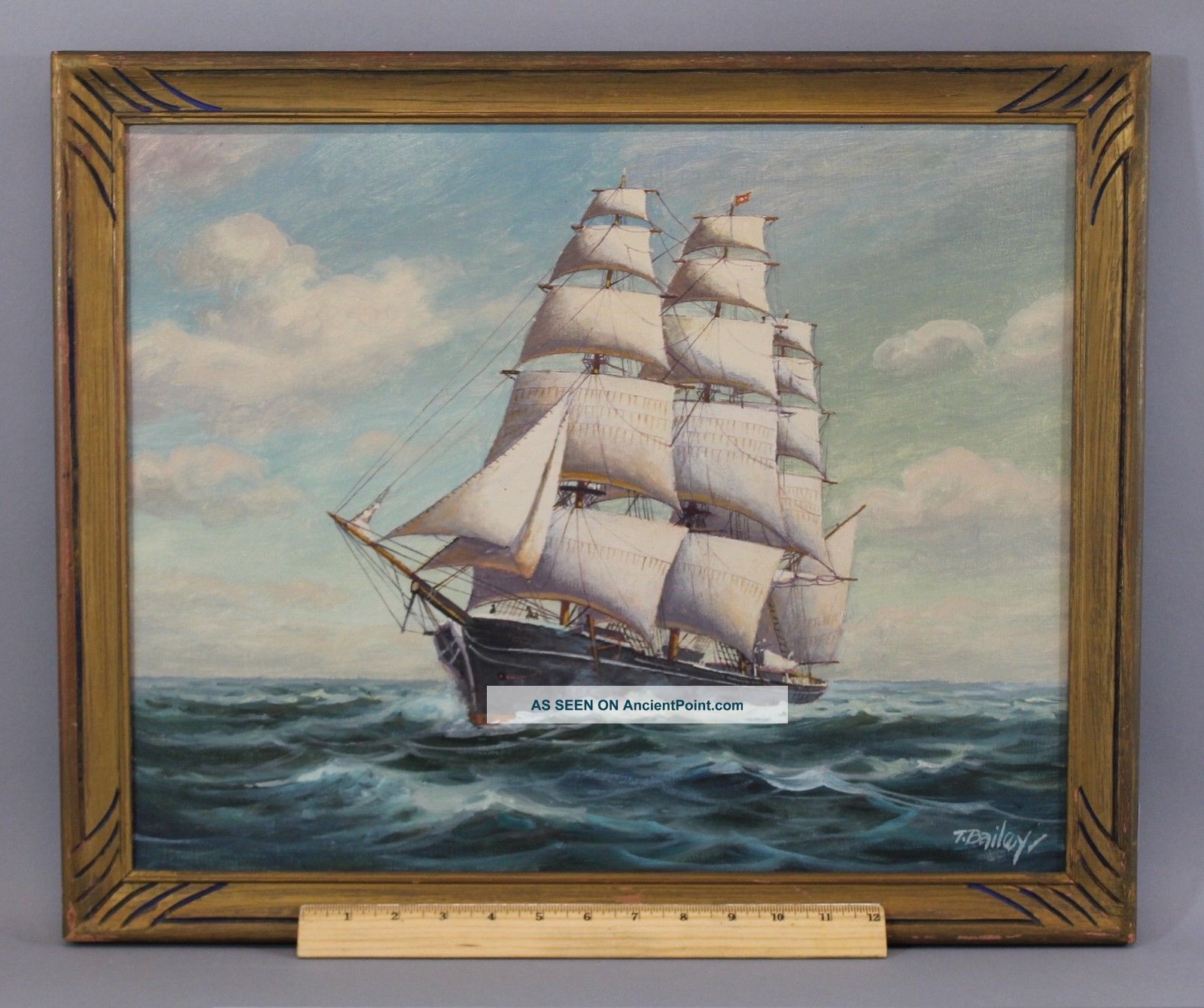 Antique Authentic Signed T Bailey Clipper Ship O C Oil Painting Nr
