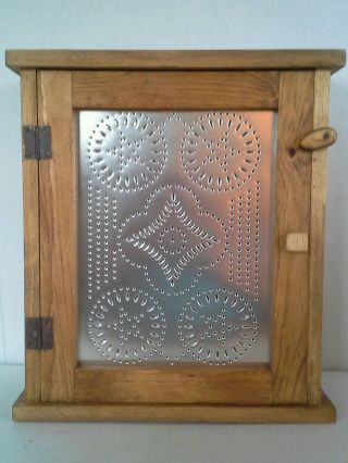 Country Farmhouse Stained Medicine Spice Cabinet Primitive Star Punched Tin photo