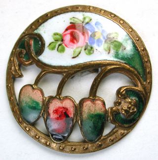 Antique French Enamel Button Pierced Colorful Leaves W/ Hand Painted Floral photo