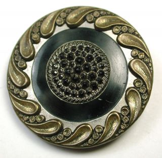 Antique Glass In Metal Button Faceted Black Glass W/ Silver Luster In Brass photo