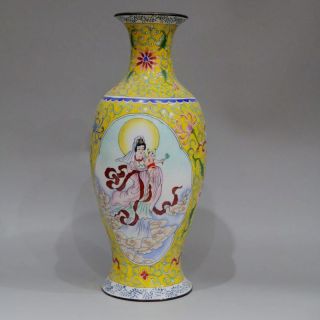 Hand - Painted Chinese Bronze Enamel Kwan - Yin Vase W Qian Long Mark photo
