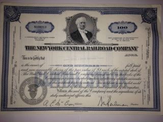 York Central Railroad Co Stock Certificate W/ Cornelius Vanderbilt Portrait photo