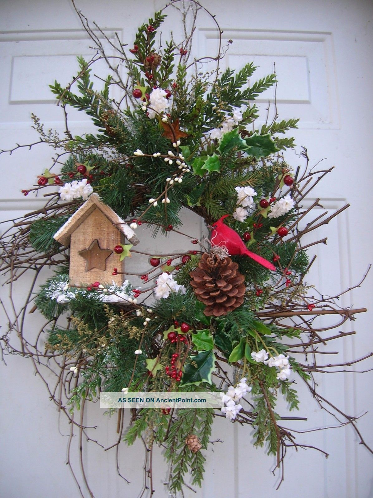 Christmas Holiday Seasonal Winter Birdhouse,  Cardinal Floral Door Wreath Primitives photo