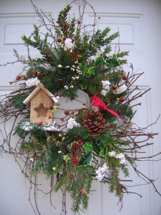 Christmas Holiday Seasonal Winter Birdhouse,  Cardinal Floral Door Wreath photo