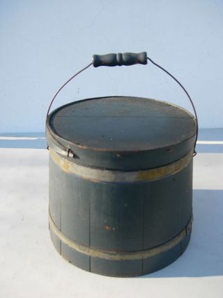 Primitive Wood Firkin Bucket Pantry Box In Blue Paint W Lid & Wire Handle photo