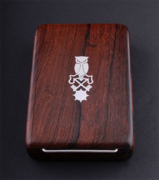 Danish Vintage Hingelberg Rose Wood Box With Silver Inlay.  Owl.  Rare 1960s. photo