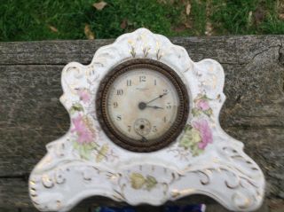 Antique Small Porcelain Haven Key - Wound Clock - Pink Flowers photo